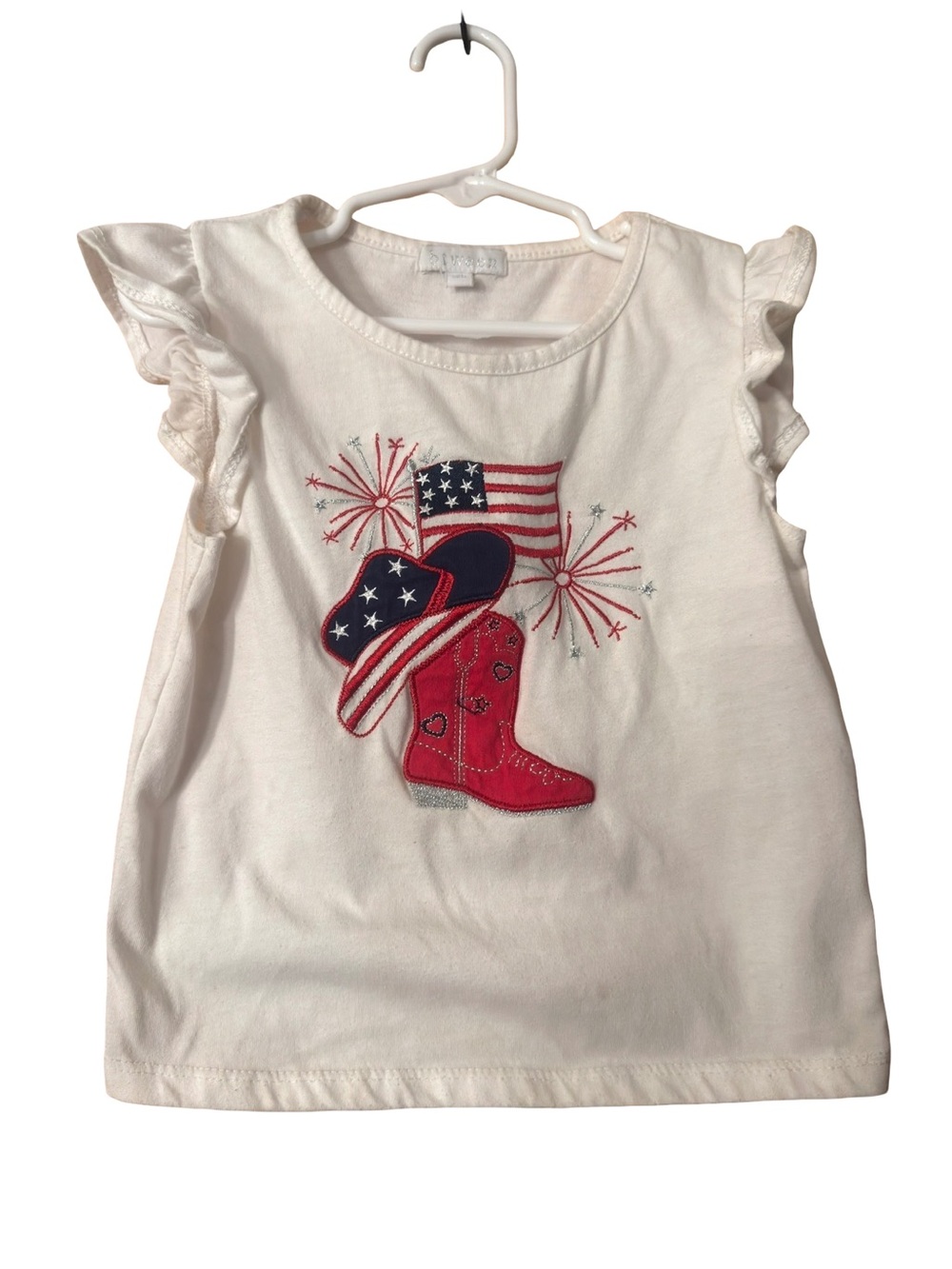 btween White Tank Top with Red Cowboy Boot & Flag Applique